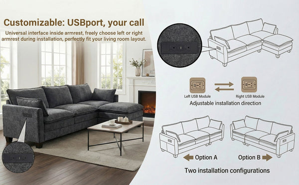 English Elm Modern Chenille Three Seat Sofa with Ottoman Usb Charging Ports and Storage Pockets Black W2519S00002