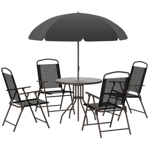 English Elm Outsunny 6-Piece Patio Dining Set For 4 With Umbrella, Black Glass Table & Folding Chairs, Perfect Outdoors W2225P200910-GIGA