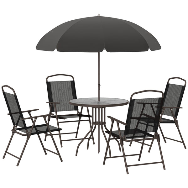 English Elm Outsunny 6-Piece Patio Dining Set For 4 With Umbrella, Black Glass Table & Folding Chairs, Perfect Outdoors W2225P200910-GIGA