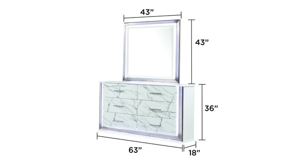 English Elm Desire Marble-Front Dresser in Sleek White Finish with 6 Spacious Drawers and Metallic Handles, Luxurious Contemporary Storage B009P309336