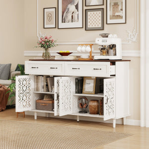 English Elm Vintage Farmhouse Sideboard with Hand-carved Doors Two-tone Distressed Wood Finish W688P360028