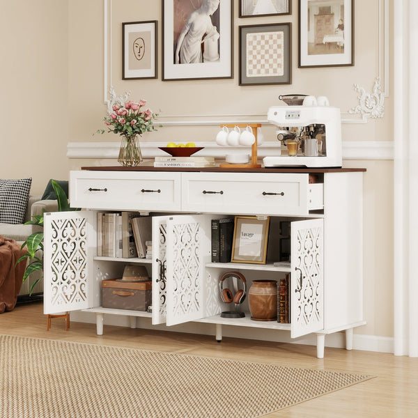 English Elm Vintage Farmhouse Sideboard with Hand-carved Doors Two-tone Distressed Wood Finish W688P360028