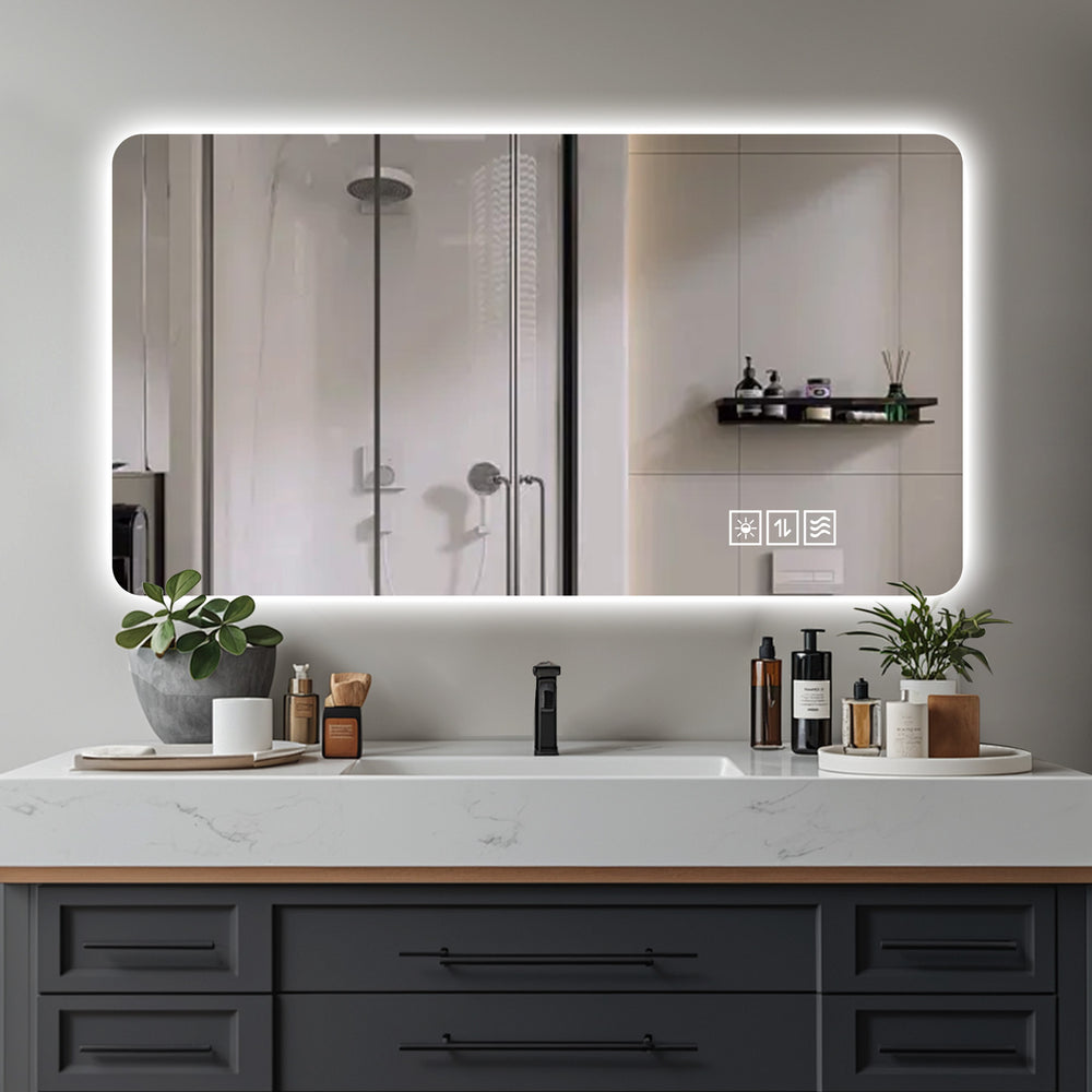 English Elm Wall Mounted Led Bathroom Mirror with Anti Fog Tri Color Lighting and Ip44 Protection W2071P465808