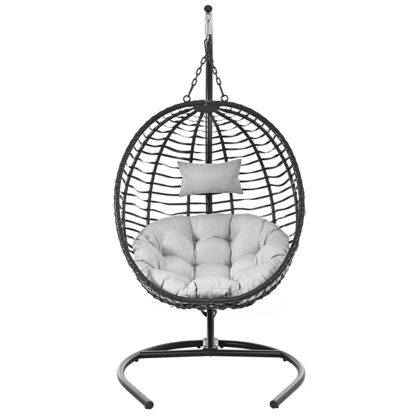 English Elm U_style Wicker Hanging Egg Chair with Stand Hdpe Cocoon Swing for Balcony Garden Black+ Gray N711P389503E