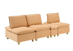 English Elm 104-inch pumpkin flannel three-seater sofa with storage cabinet, cup holders, adjustable backrest, comfy modern design Light Brown W1658S00095