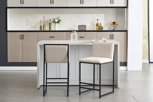 English Elm Counter Height Bar Stools Set of 2 Upholstered Linen Seats with Metal Frame & Cushion Comfort for Kitchen Bar and Dining Room Ivory W1249P257011