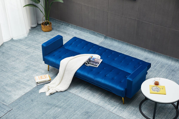 English Elm Sofa Bed Velvet Upholstered Convertible with Gold Metal Legs for Studio Spaces Dark Blue B205P246427