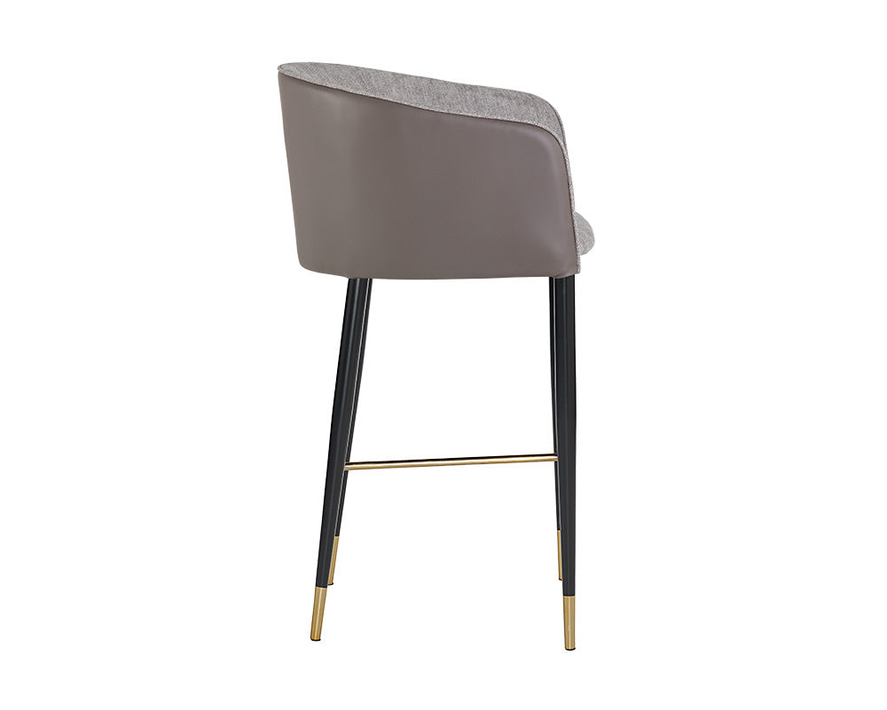 Sunpan Asher Modern Barrel Back Barstool with Stylish Black Steel Legs and Elegant Gold Foot Caps Flint Grey / Napa Taupe