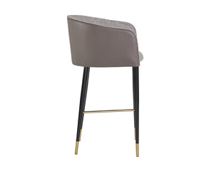 Sunpan Asher Modern Barrel Back Barstool with Stylish Black Steel Legs and Elegant Gold Foot Caps Flint Grey / Napa Taupe