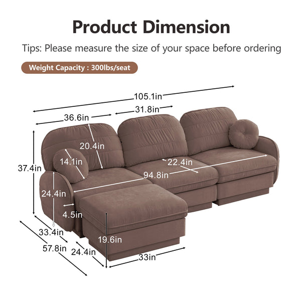 English Elm 105" Chenille Sectional Sofa with Movable Ottoman Deep Seat Quilted Cushions Living Room Rose Dust W714S01778