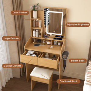 English Elm Vanity compact dressing desk with LED mirror, 3-color dimmable lights, drawers, stool, outlet Wood W2699P345799