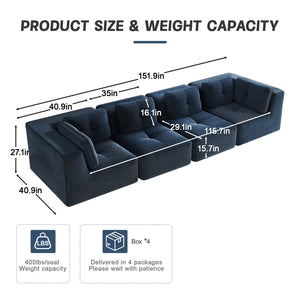 English Elm Modern Corduroy Sectional Sofa Tufted Four Seat Modular Design with Deep Cushions Blue W714S01804