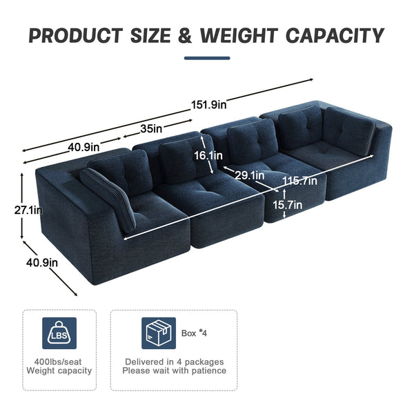 English Elm Modern Corduroy Sectional Sofa Tufted Four Seat Modular Design with Deep Cushions Blue W714S01804