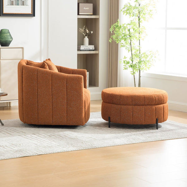 English Elm 39"w Swivel Barrel Club Chair with Channel Tufted Chenille and Round Storage Ottoman Set Orange W3118S00048