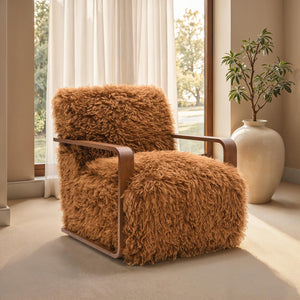 English Elm Camel Plush Faux Fur Accent Chair with Retro Curved Wood Arms, Tight Seat & Back, 28.3"W x 35.4"D B2741P401382