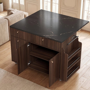 English Elm Kitchen Rolling Cart with Black Marble Top Drop Leaf Drawers and Spice Rack Storage Walnut B2764S00007