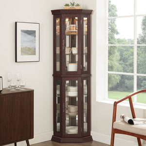 English Elm Lighted Corner Curio Cabinet - Elegant Glass Display With Adjustable Shelves & Ambient Lighting - Dark Cherry W1758P300130