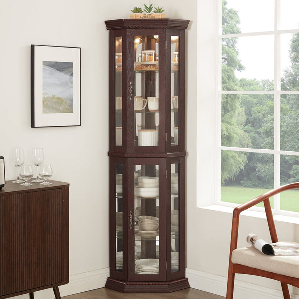 English Elm Lighted Corner Curio Cabinet - Elegant Glass Display With Adjustable Shelves & Ambient Lighting - Dark Cherry W1758P300130