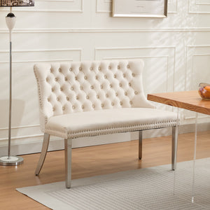 English Elm Velvet Wingback Dining Bench Tufted Two Seat Mid Century Modern Brushed Steel Base Beige W1143P406980