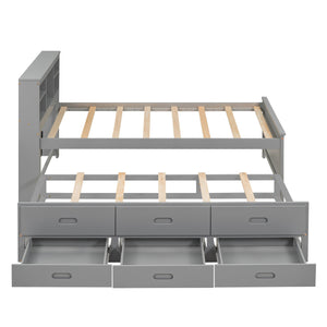 English Elm Twin Platform Bed with Storage Headboard, Pull-Out Trundle & 3 Drawers, USB Ports, Solid Wood Durability Gray GX000715AAE