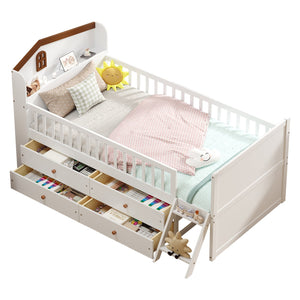 English Elm Twin Bed Frame with Storage Drawers and House Headboard, Kids Platform Bed with Guardrail Ladder and Shelf White 49.3 L x 16.25 W x 7.75 H N733S278032K
