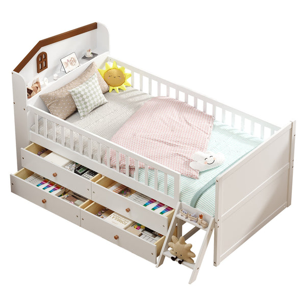 English Elm Twin Bed Frame with Storage Drawers and House Headboard, Kids Platform Bed with Guardrail Ladder and Shelf White 49.3 L x 16.25 W x 7.75 H N733S278032K