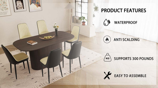 English Elm 63 Inch Mdf Dining Table Set with Six Pu Upholstered Chairs and Black Metal Legs Beige+Brown,Black W2189S00865