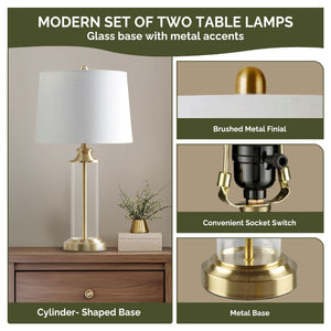 JLA Home 510 Design - Glass cylinder table lamps set of 2 with clear glass bases, metal accents, off-white shades, 9W LEDs, 2-year warranty 5DS153-1157