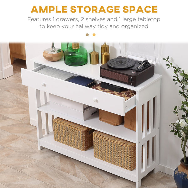 English Elm HOMCOM Narrow Console Table with Extra Wide Drawer, Slatted Frame, 2 Open Shelves & Anti-Tip Safety White W2225P249591