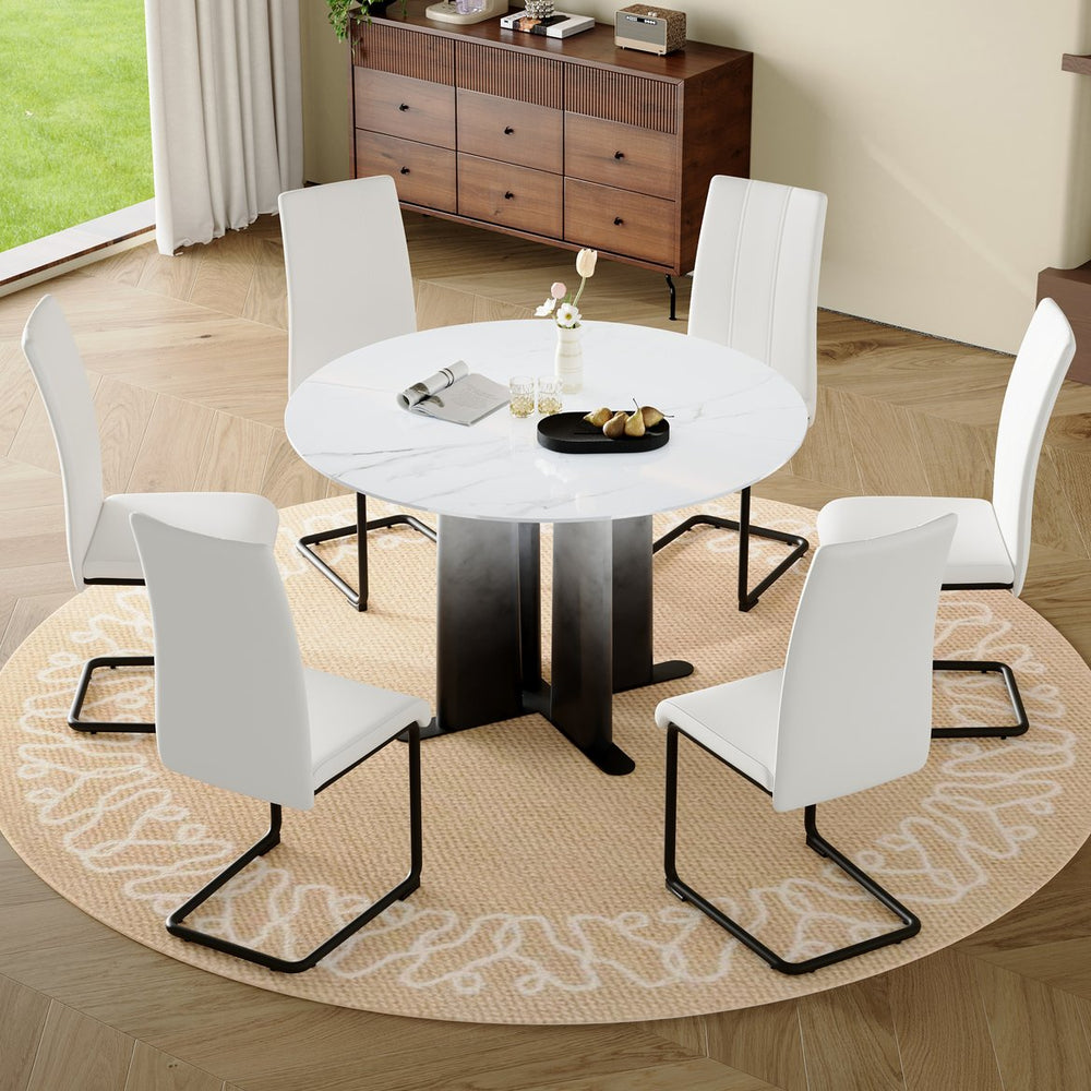 English Elm Modern Round Marble Look Dining Set Seats Six Upholstered Chairs Open Concept W3875S00065