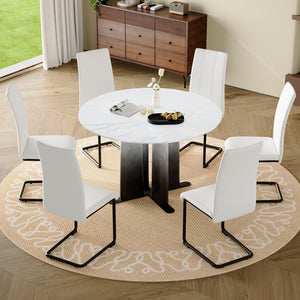 English Elm Modern Round Marble Look Dining Set Seats Six Upholstered Chairs Open Concept W3875S00065
