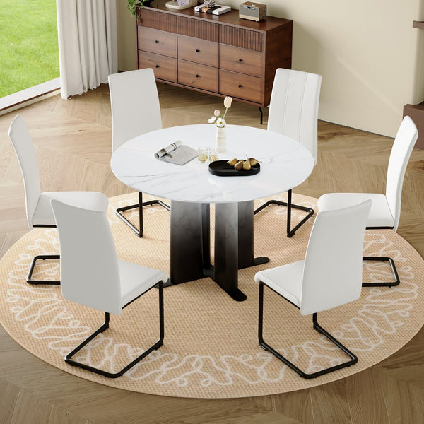English Elm Modern Round Marble Look Dining Set Seats Six Upholstered Chairs Open Concept W3875S00065