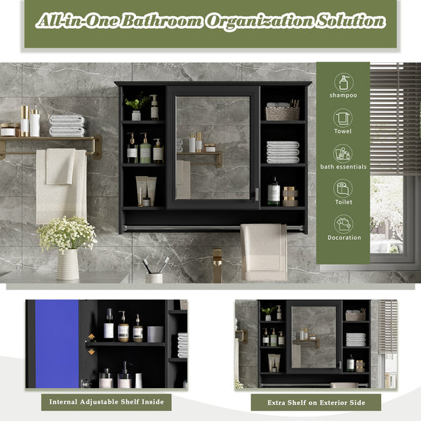 English Elm 3-in-1 Wall Mounted Medicine Cabinet with Soft Close Door Towel Bar and Vanity Mirror Black N710P358618B