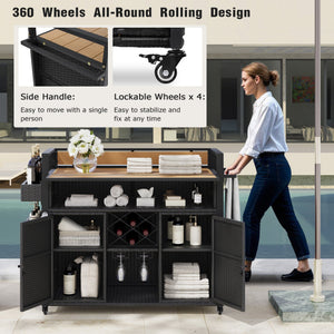 English Elm K&K Wicker Outdoor Grill Cart with Foldable Drop Leaf, Locking Wheels, Wine Rack & Ample Storage Black Brown N707P233747B