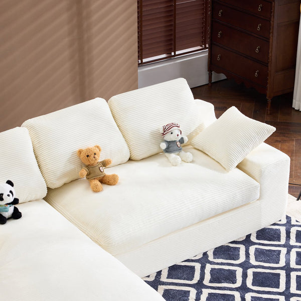 English Elm White corduroy compressed sofa with 3 back cushions & 2 throw pillows—soft, lightweight, durable comfort W3612S00015