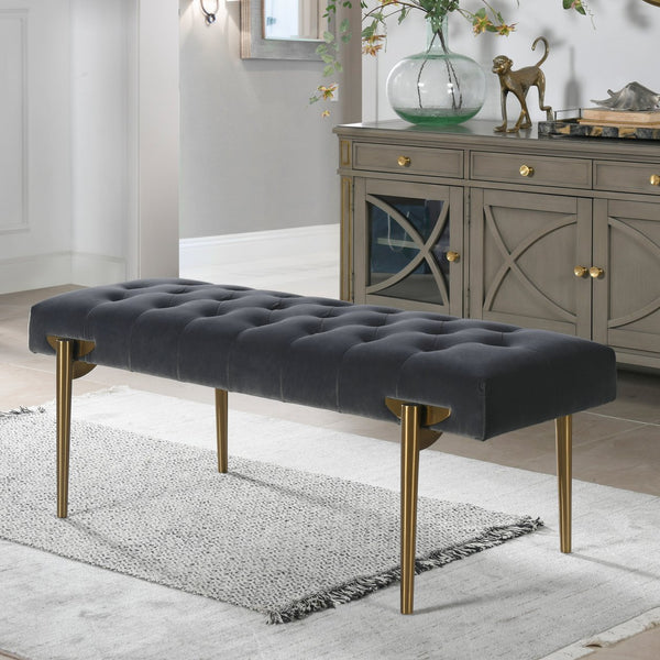 English Elm Jennifer Taylor Home - Aria Steel Gray Performance Velvet Bench with Satin Gold Legs — Handcrafted Tufted 58" Glam Seat B2719P238461