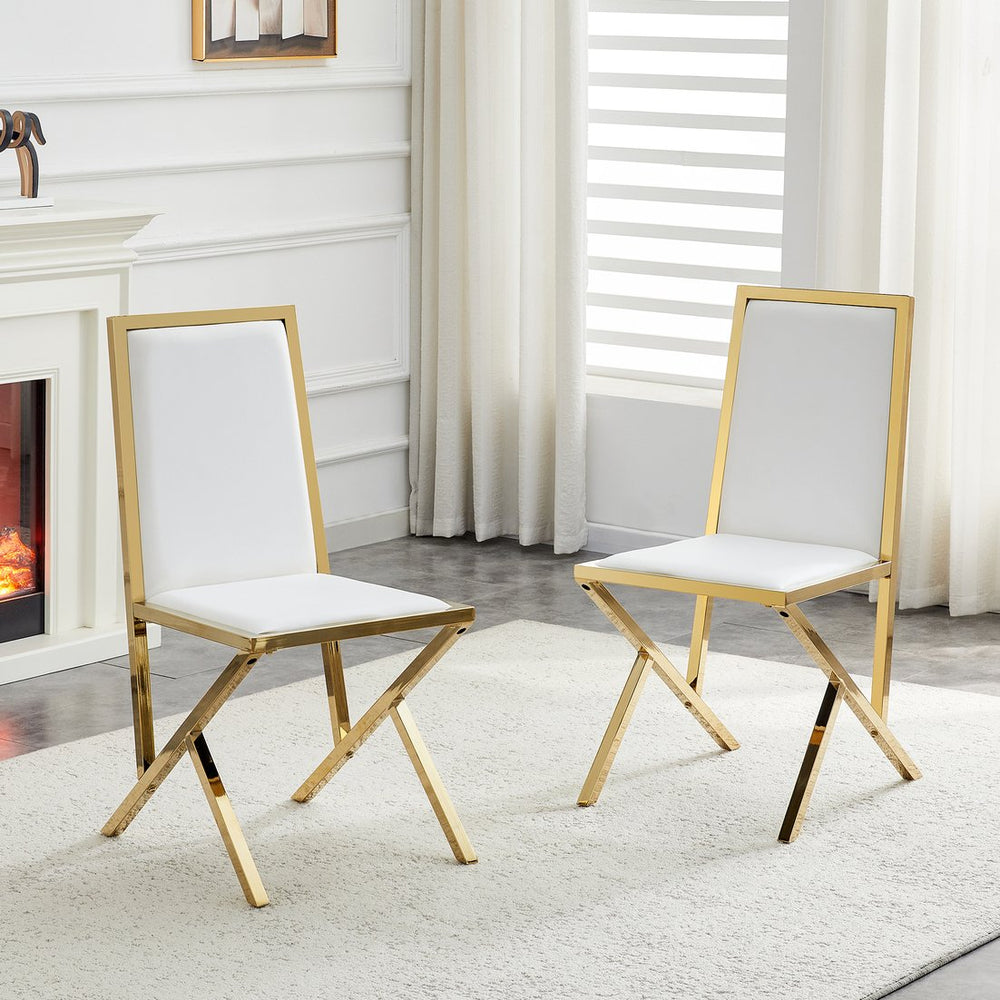 English Elm 2-pack Black Pu Leather Dining Chairs with Angled Silver Metal Legs Modern Set White+Gold W1151P301843