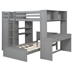 English Elm Full Twin Loft Bed with Desk Wardrobe Shelves Pine Wood Frame Kids Bedroom Gray LT000821AAE-1