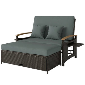 English Elm 4-in-1 Wicker Outdoor Daybed with Acacia Armrests Reclining Loveseat and Storage Ottoman Gray T3971P484825