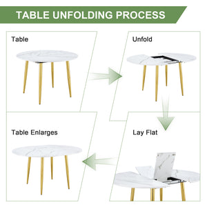 English Elm Table and Chair Set Extendable Round Mdf Top Gold Legs Four Pu Dining Seats Black,White+Gold W1151S04830
