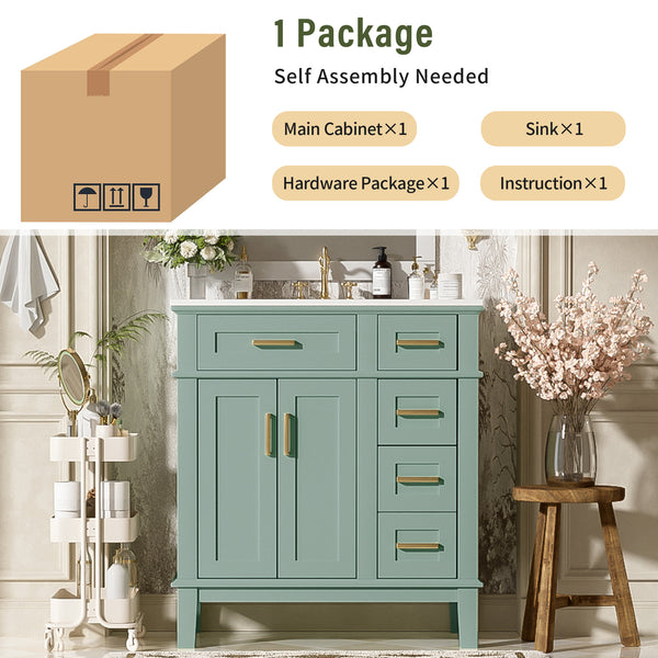English Elm 30" Freestanding Bathroom Vanity Ceramic Sink Soft Close Cabinet Gray Wood Frame Light Green N729P427118F