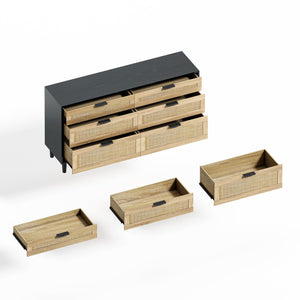 English Elm 59" Rattan Dresser with 6 Spacious Drawers, Stylish Woven Texture, Metal Handles & Wood Legs for Bedroom Black W757P209512