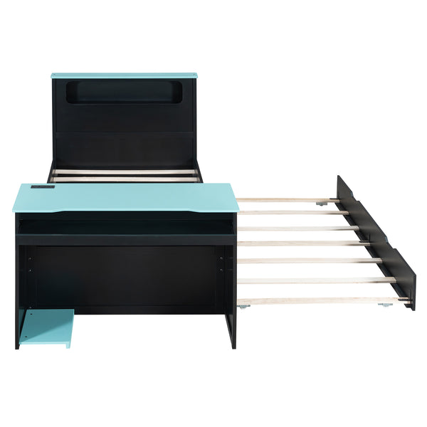 English Elm Twin Wood Gaming Daybed with Trundle Built-in Desk Rgb Lighting and Usb Port Black+Blue LT000283AAC