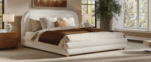 English Elm King Boucle Upholstered Bed Sculptural Arch Frame Solid Wood Legs Plush Headboard N757K371804W
