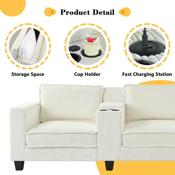 English Elm L-Shaped 4-Seater Corduroy Sofa With Center Console, Usb Charging & Storage Armrests – Versatile Comfort! W680S00049