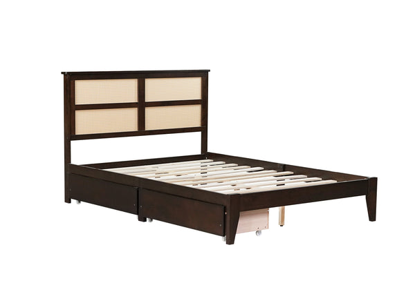 English Elm Full Full Size Bed with Rattan Headboard and Two Underbed Storage Drawers, Rubberwood Slat Support Espresso W504P269605