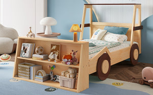 English Elm Twin Pine Treehouse Floor Bed with Padded Rails and Cabin Roofline for Kids W1580S00472