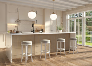 English Elm 31in. Backless Swivel Barstool Solid Wood Curved Legs Upholstered Seat Bar Kitchen White B2751P436425