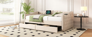 English Elm Upholstered Twin Daybed with Linen Tufted Back Nailhead Arms and Storage Drawers W1670P391274