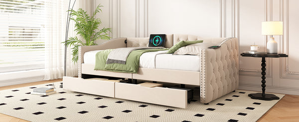 English Elm Upholstered Twin Daybed with Linen Tufted Back Nailhead Arms and Storage Drawers W1670P391274